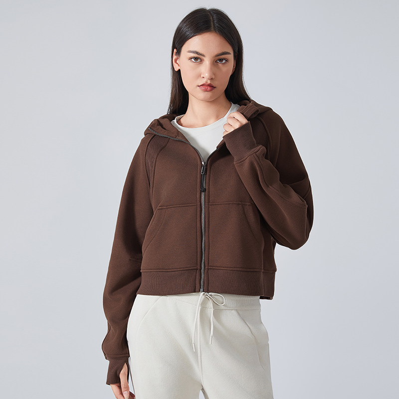 Women's Velvet Zipper Hooded Sports Jacket Chestnut