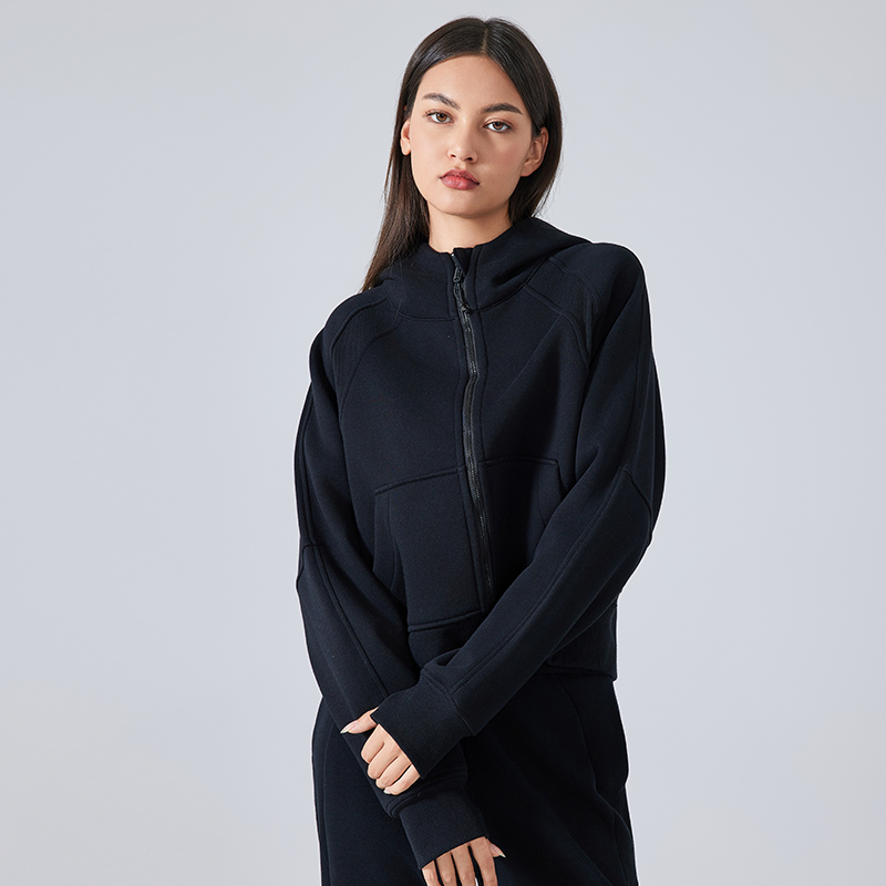 Women's Velvet Zipper Hooded Sports Jacket Black