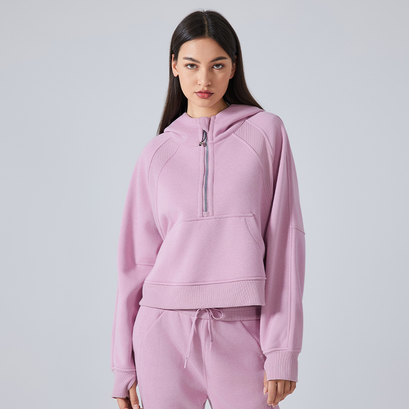 Women's fleece warm yoga suit with half zipper hooded sweatshirt Pink Peony