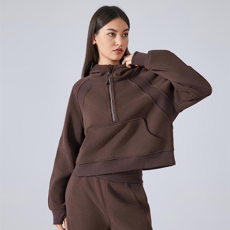 Women's fleece warm yoga suit with half zipper hooded sweatshirt Espresso color