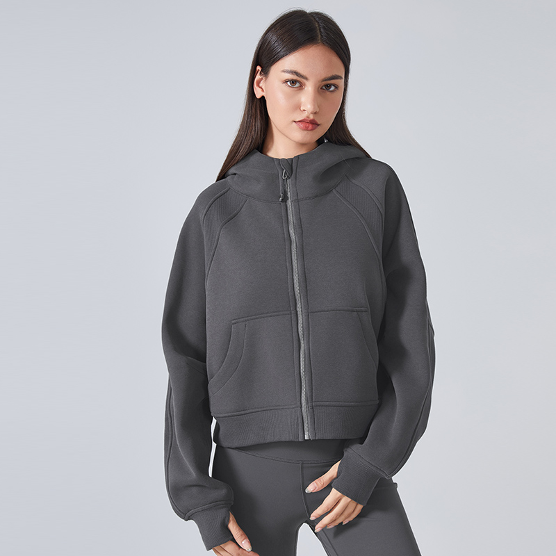 Women's Velvet Zipper Hooded Sports Jacket Color:Graphite ;SIZE:S