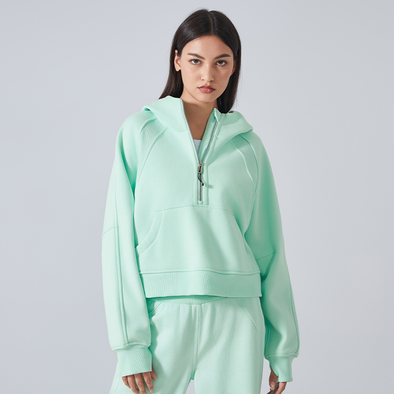 Women's fleece warm yoga suit with half zipper hooded sweatshirt Mint color