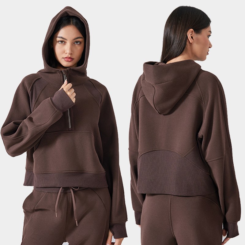 Women's fleece warm yoga suit with half zipper hooded sweatshirt
