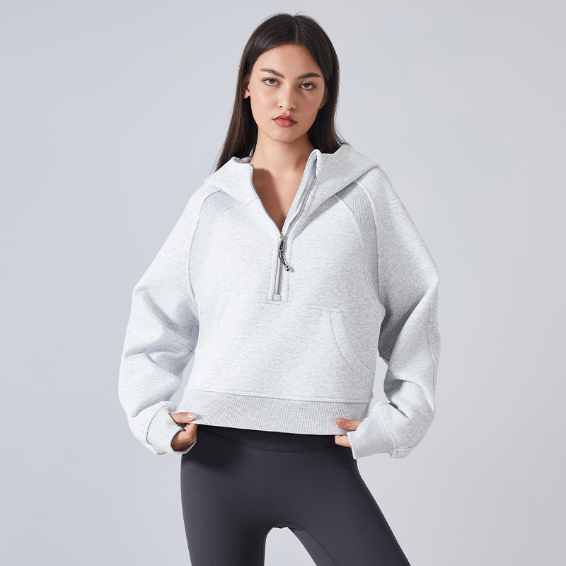 Women's fleece warm yoga suit with half zipper hooded sweatshirt Cool Grey