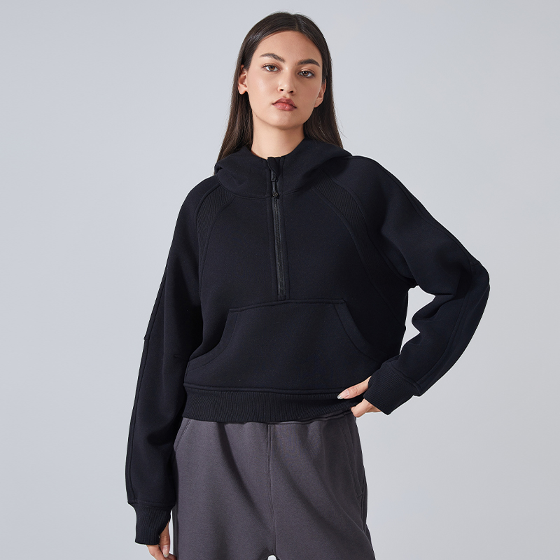 Women's fleece warm yoga suit with half zipper hooded sweatshirt Color:Black;SIZE:S