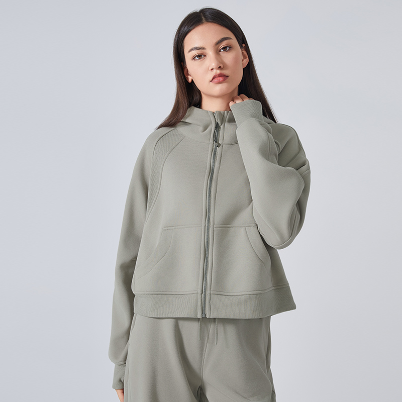Women's Velvet Zipper Hooded Sports Jacket Field gray