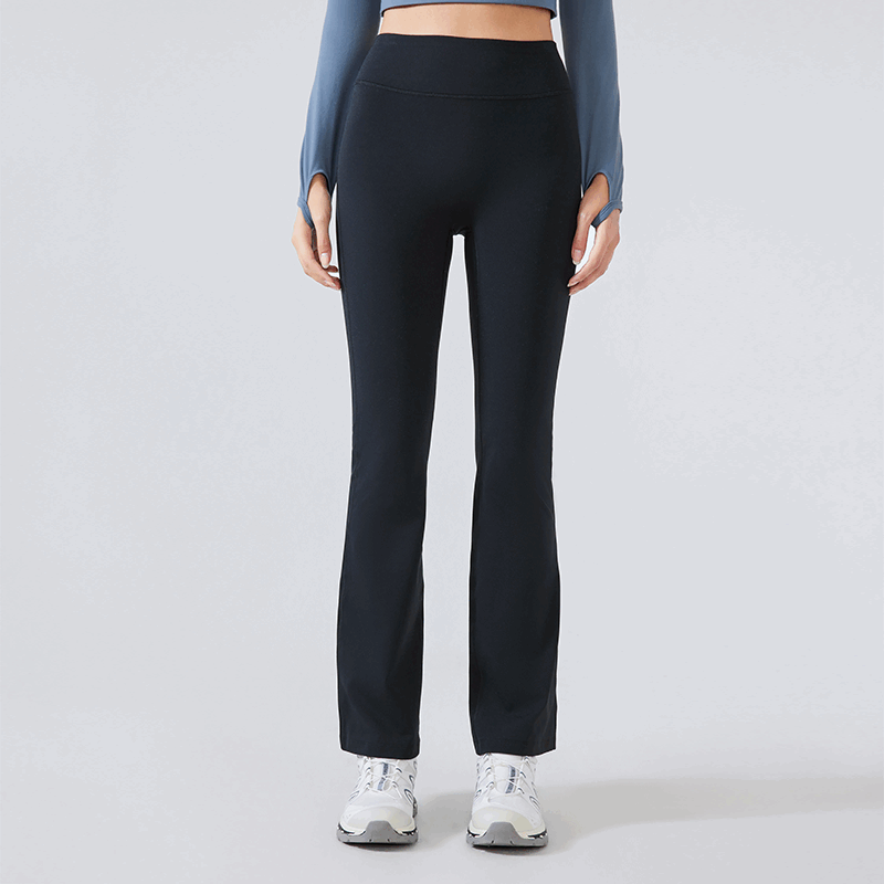 Women's stretch sports bell bottom pants with plush insulation Black 