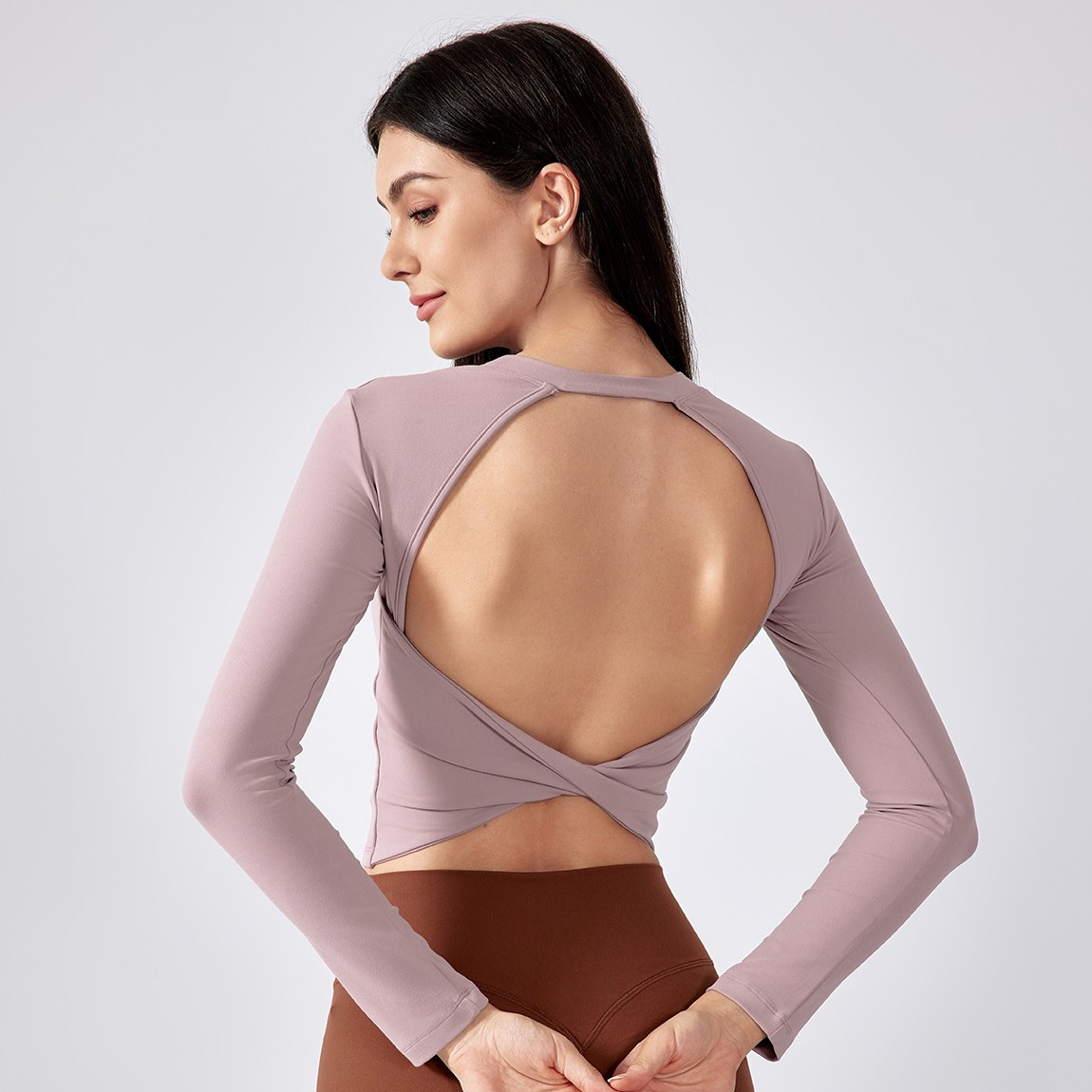 Women's hollow back yoga suit with long sleeves Twilight Rose