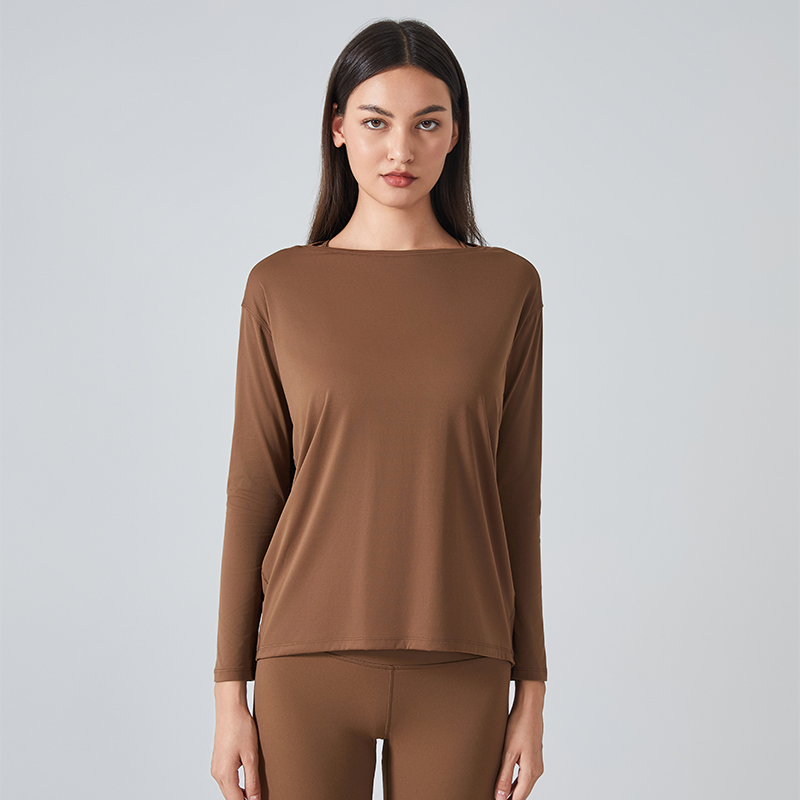 Women's loose and breathable simple long sleeved yoga suit Color:GRILLED BROWN;SIZE:2XL