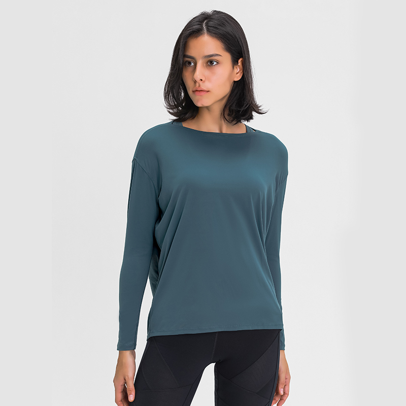 Women's loose and breathable simple long sleeved yoga suit Color:FOREST GREEN;SIZE:S