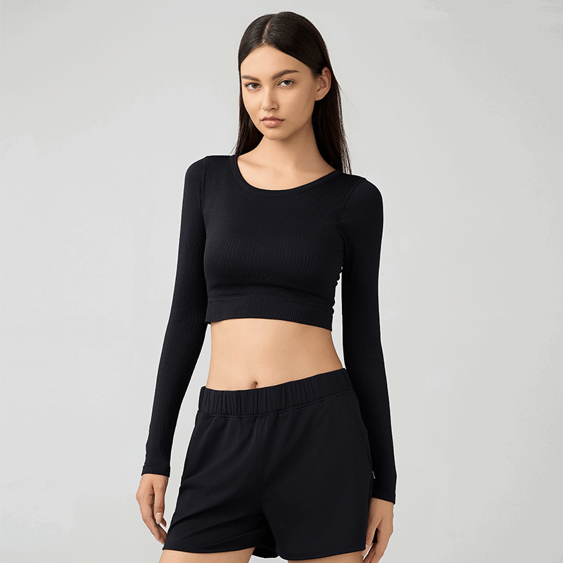 Women's short elastic top with chest cushion Color: Black;SIZE:S