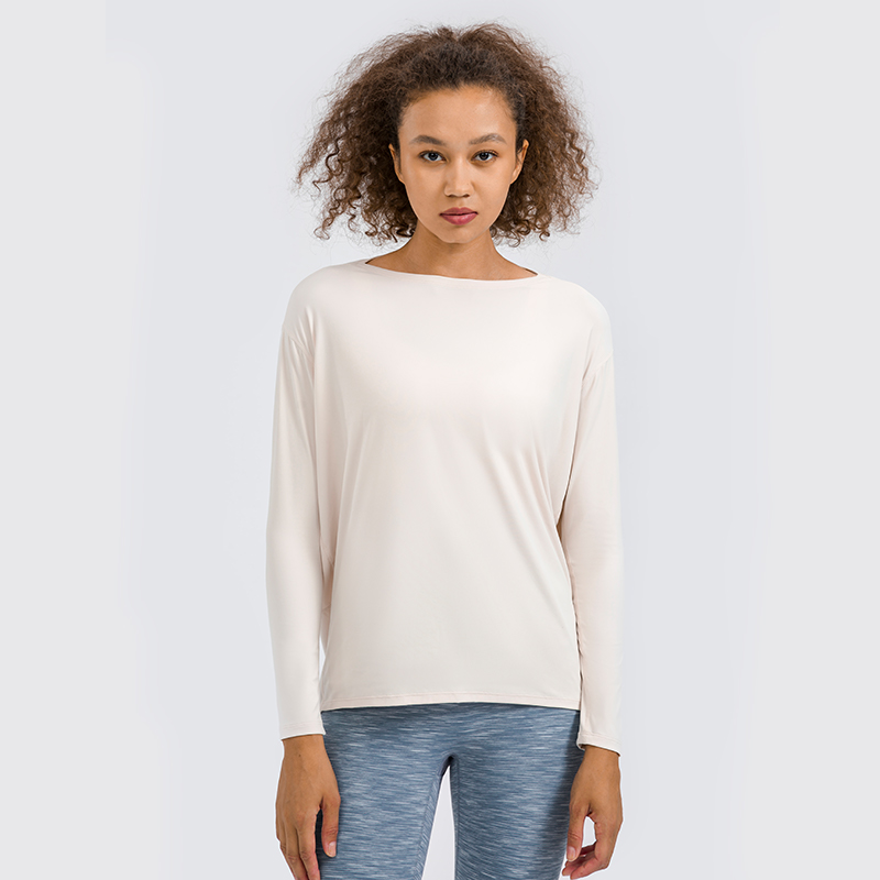 Women's loose and breathable simple long sleeved yoga suit Color:BEIGE;SIZE:2XL