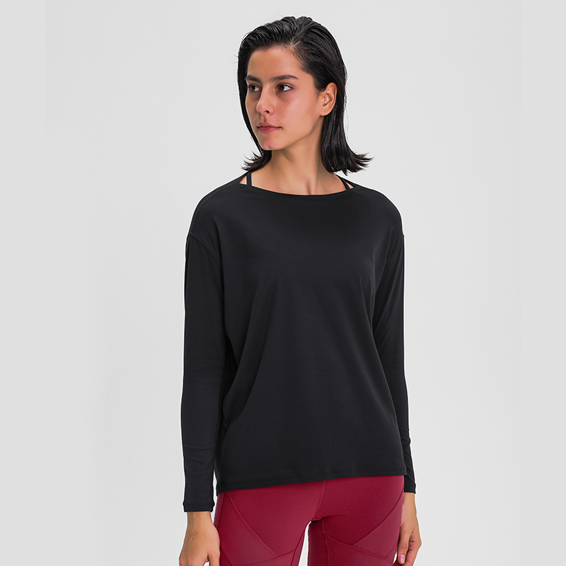 Women's loose and breathable simple long sleeved yoga suit Color:BLACK;SIZE:S