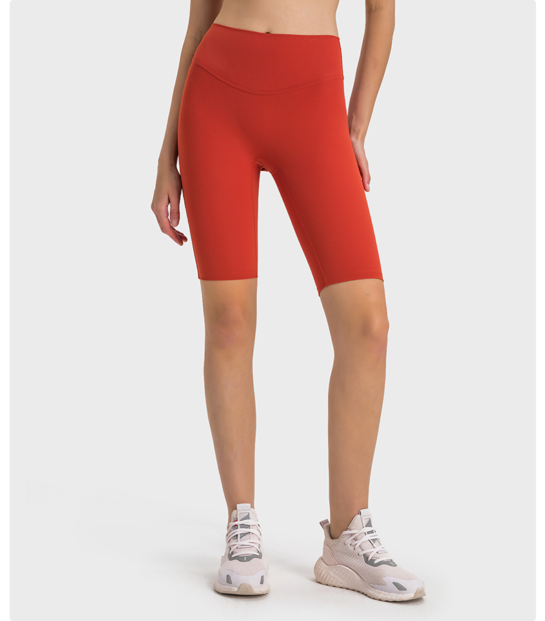 Women's striped ribbed high waisted peach hip sports leggings for outdoor running Chili sauce red 