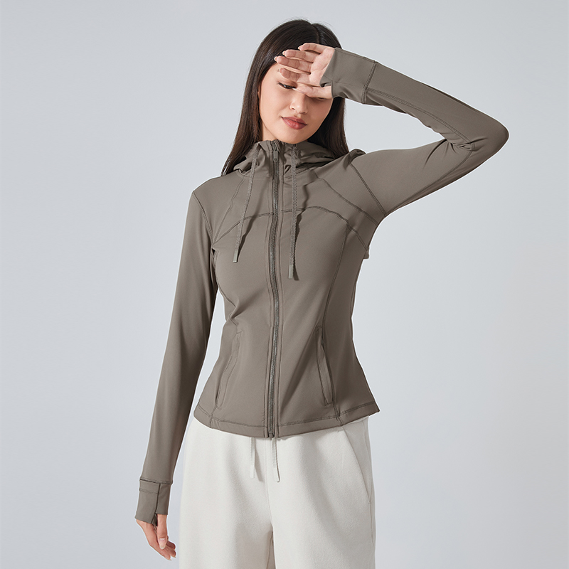 Women's sports slim fit hooded jacket yoga jacket Color:Nomad grey ;SIZE:S