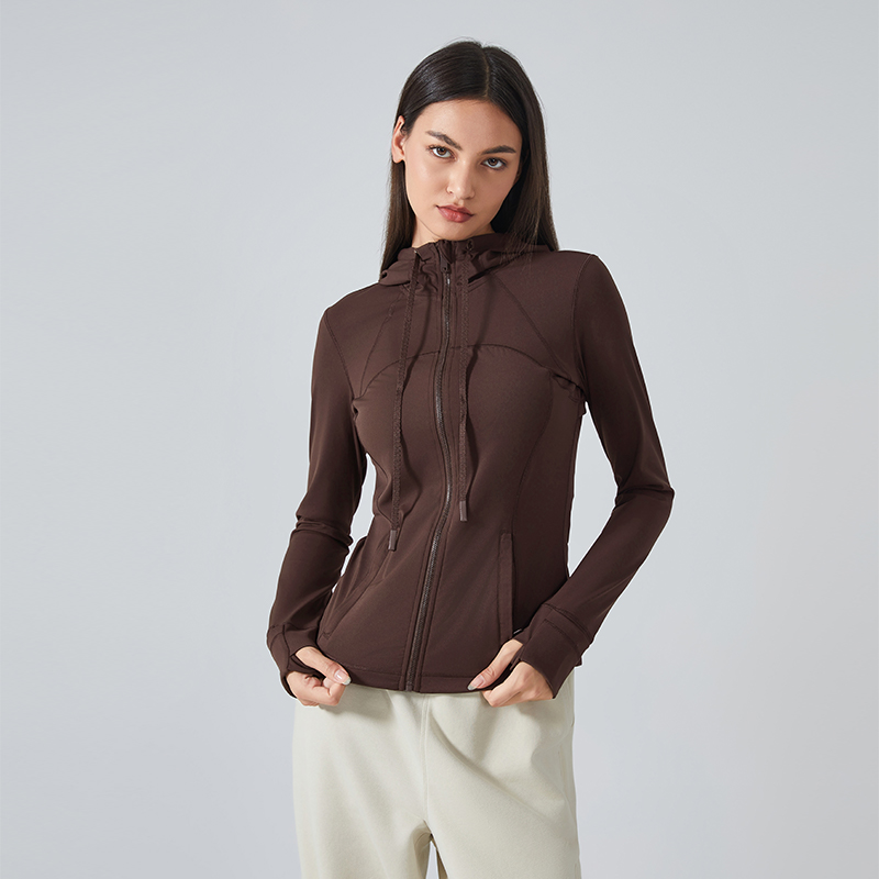 Women's sports slim fit hooded jacket yoga jacket Color:Espresso color;SIZE:S