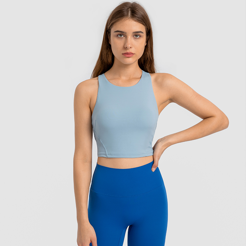 Women's round neck yoga vest nude high stretch top Color: Water blue grey;SIZE:S