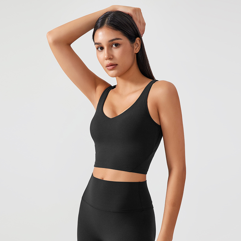 Women's fixed chest pad vest style sports bra Color:Black;SIZE:S