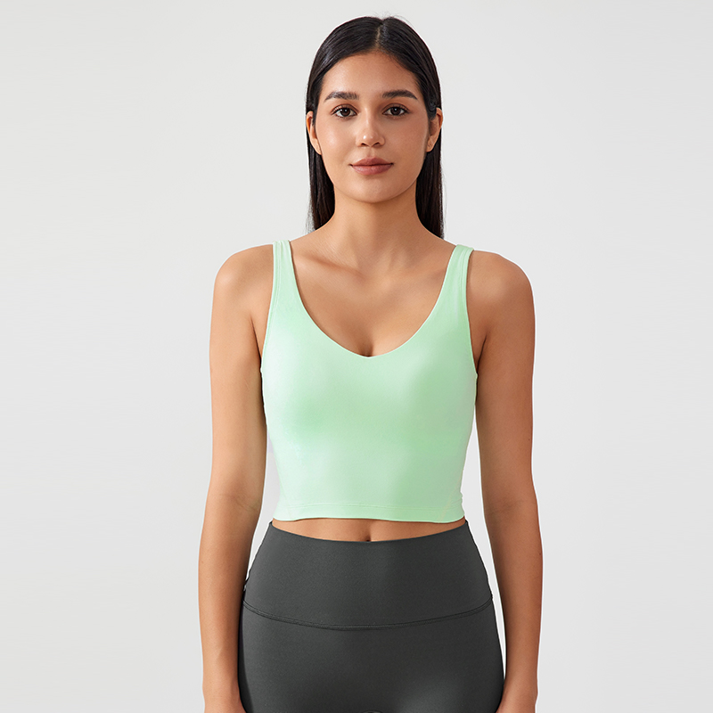 Women's fixed chest pad vest style sports bra Color:Cabbage Green;SIZE:S