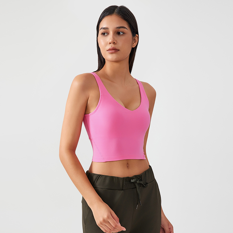 Women's fixed chest pad vest style sports bra Color:Fluorescent pink;SIZE:L