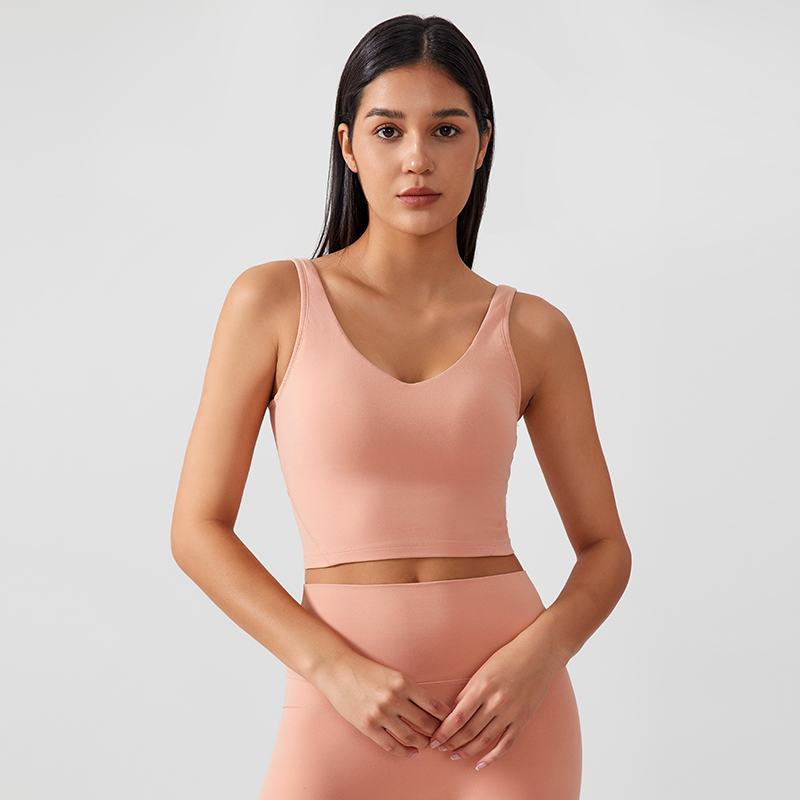Women's fixed chest pad vest style sports bra Color:Peach pink;SIZE:S