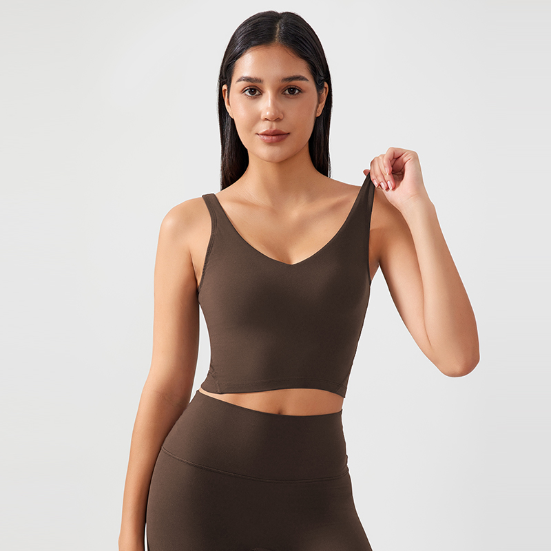 Women's fixed chest pad vest style sports bra Color:Espresso;SIZE:S
