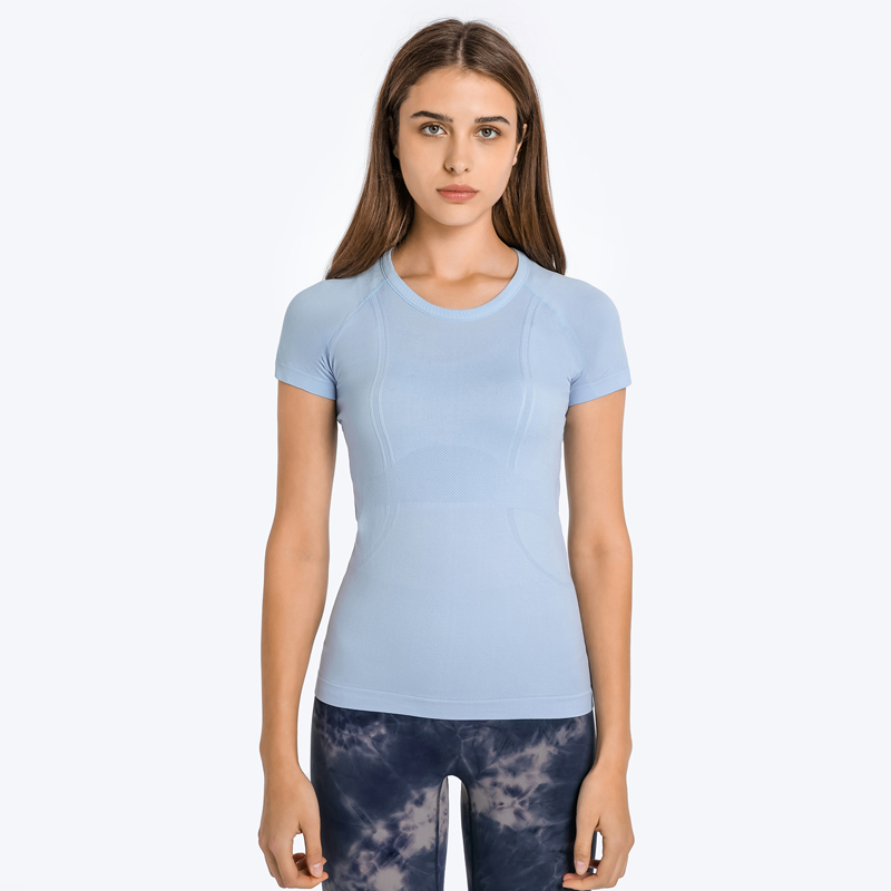 Women's round neck sports short sleeved shirt Color:Water Blue;SIZE:S
