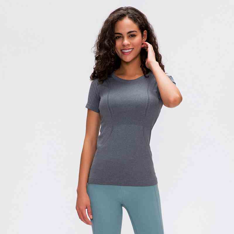 Women's round neck sports short sleeved shirt Color:Dark Greymar;SIZE:M