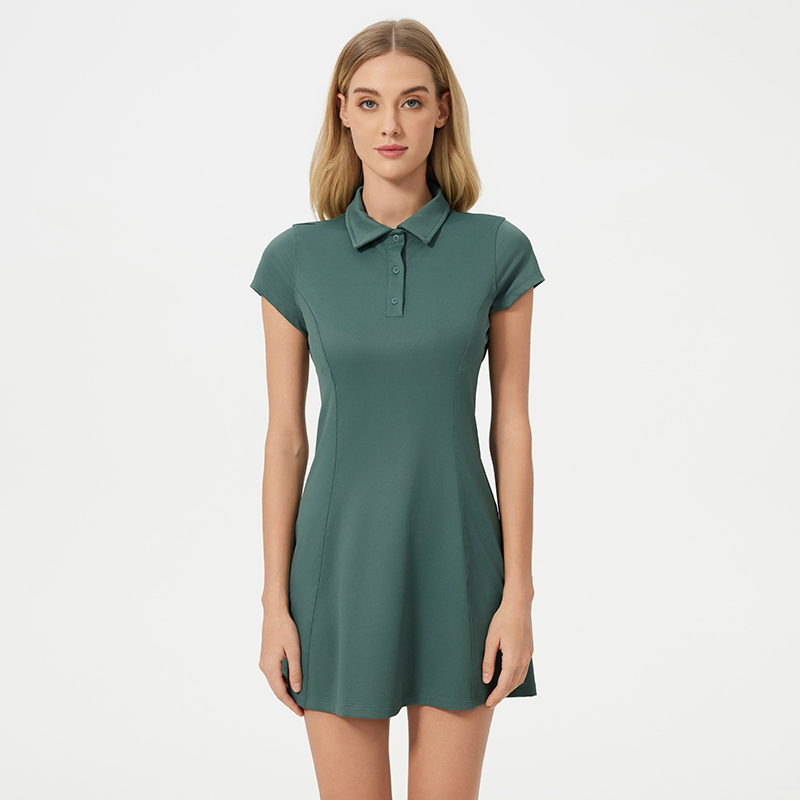 Women's waist cinched mid length dress Forest green