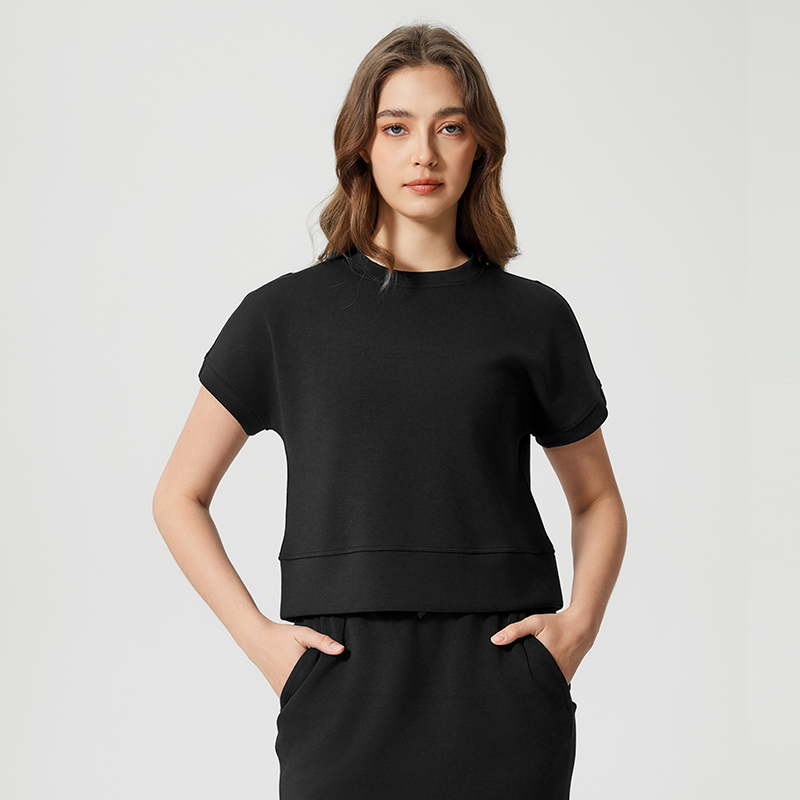 Women's round neck loose sports short sleeved shirt Color:Black;SIZE:XL