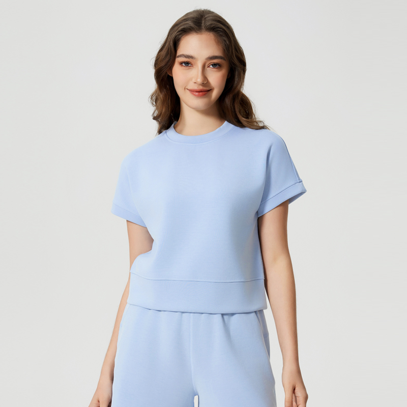 Women's round neck loose sports short sleeved shirt Blue linen color