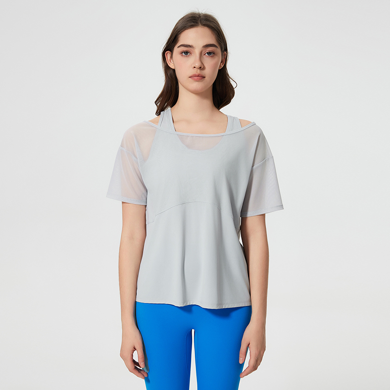 Women's loose sports short sleeved T-shirt fake two yoga clothes Galactic Grey