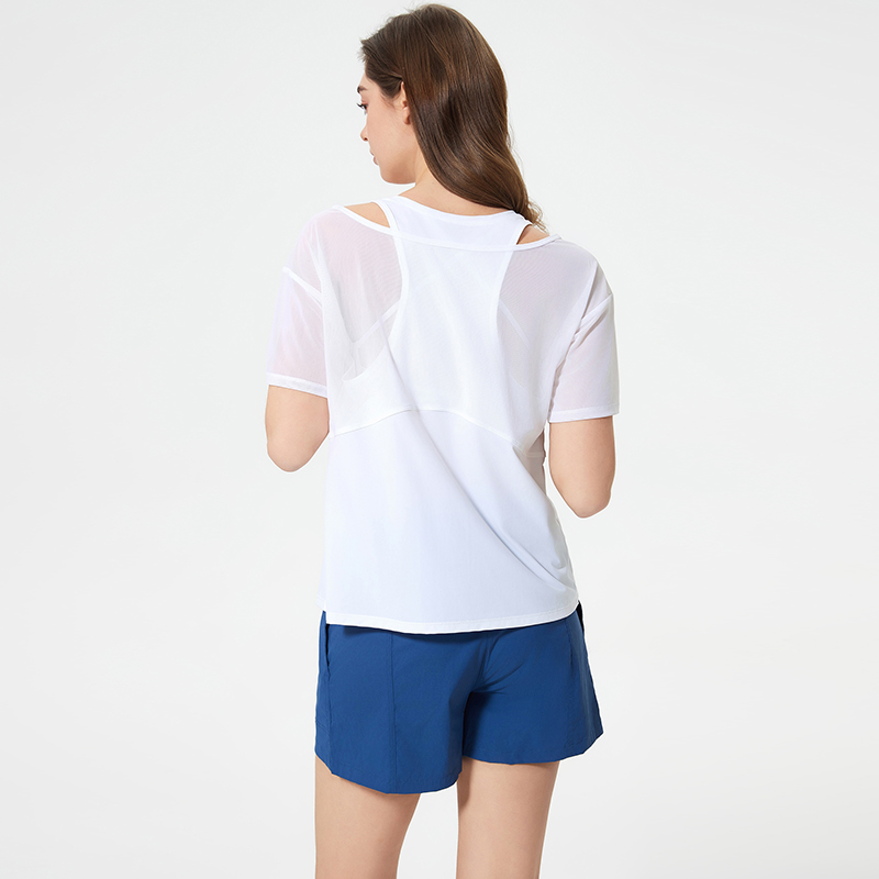 Women's loose sports short sleeved T-shirt fake two yoga clothes White