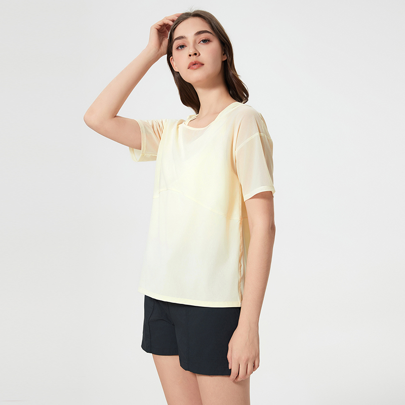 Women's loose sports short sleeved T-shirt fake two yoga clothes Color:Dancing Yellow;SIZE:S
