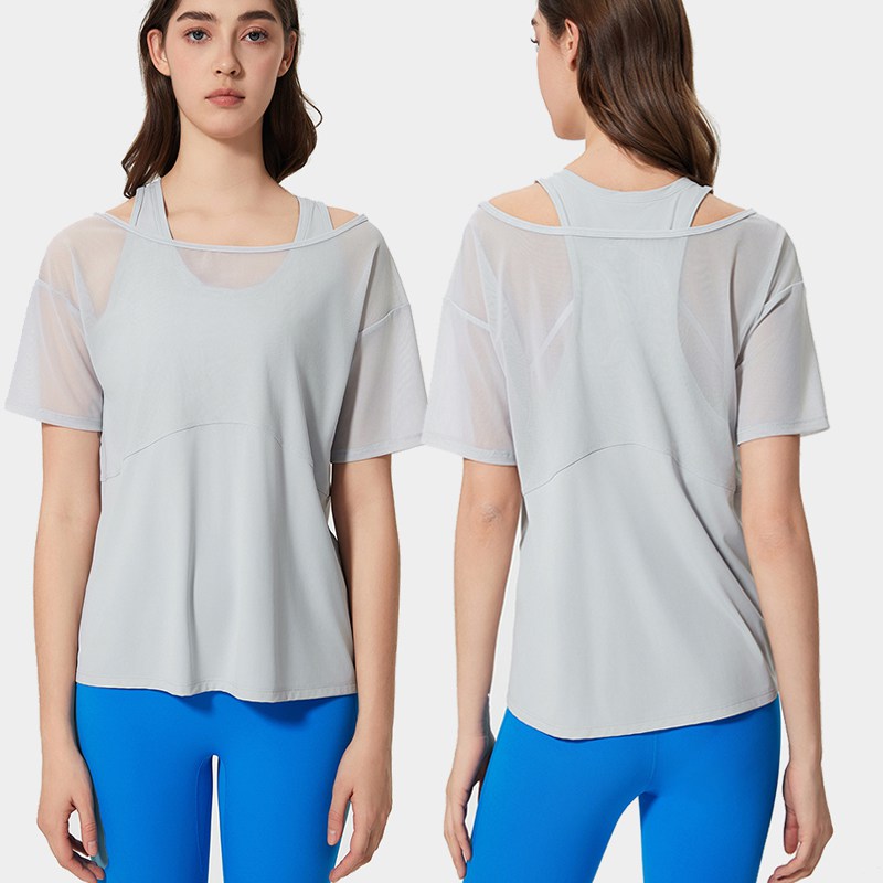 Women's loose sports short sleeved T-shirt fake two yoga clothes