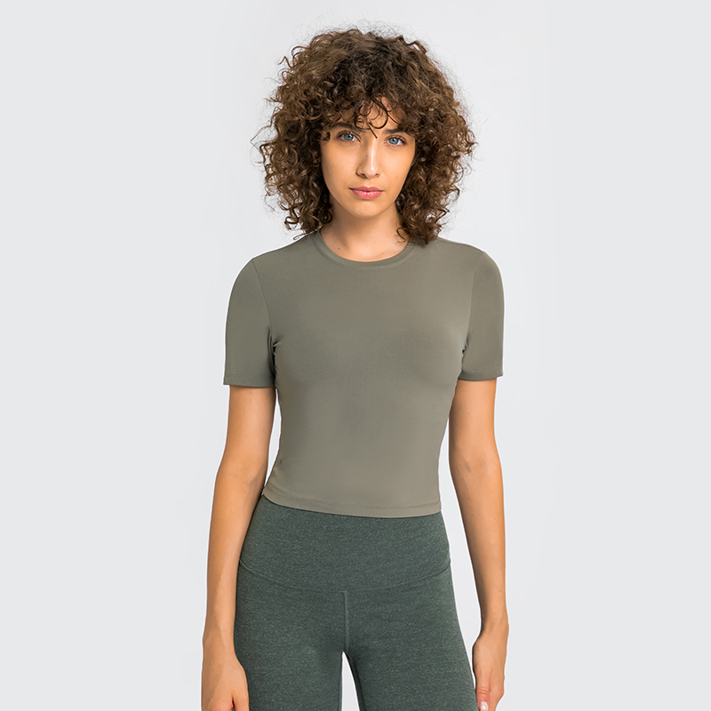 Women's yoga outfit versatile casual sports short sleeved GREEN GREY