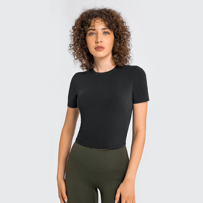 Women's yoga outfit versatile casual sports short sleeved BLACK  