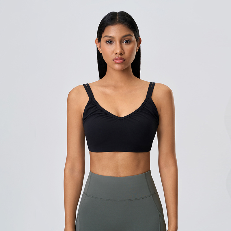 Women's deep V-neck semi fixed cup yoga bra breathable sports bra Black  
