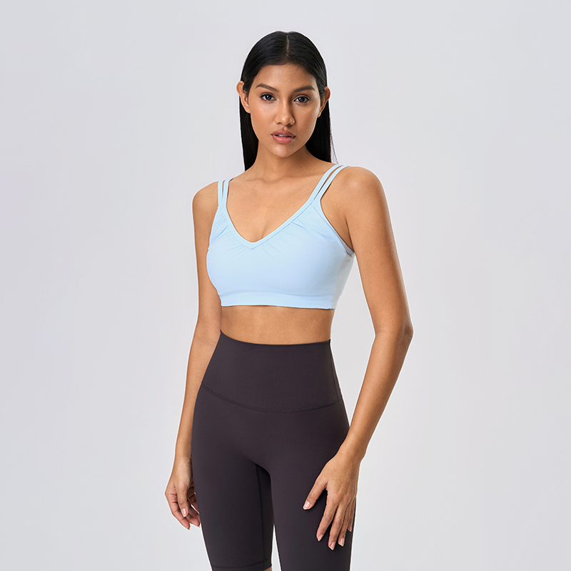 Women's deep V-neck semi fixed cup yoga bra breathable sports bra Windmill Light Blue  