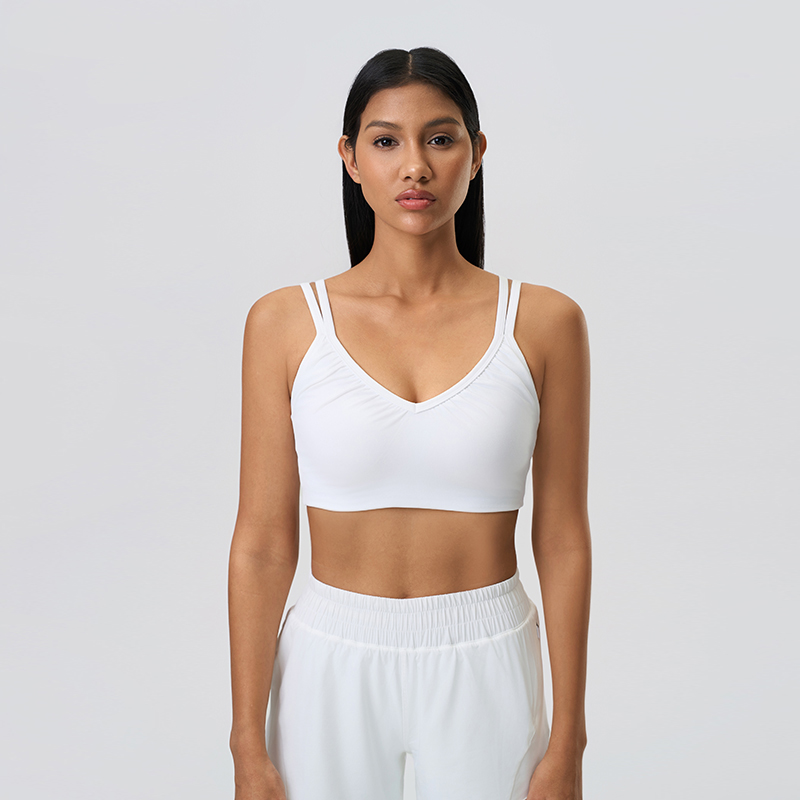 Women's deep V-neck semi fixed cup yoga bra breathable sports bra White  