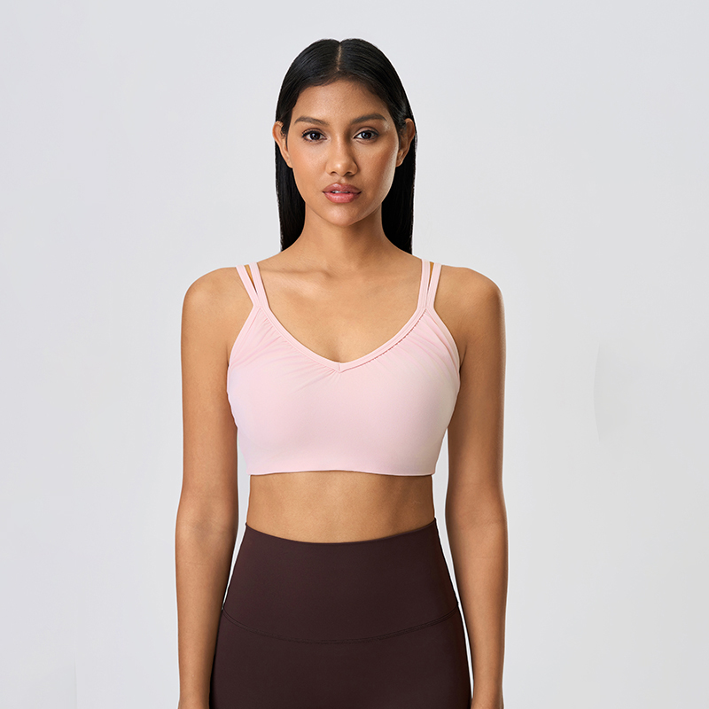 Women's deep V-neck semi fixed cup yoga bra breathable sports bra Strawberry Milkshake Powder  